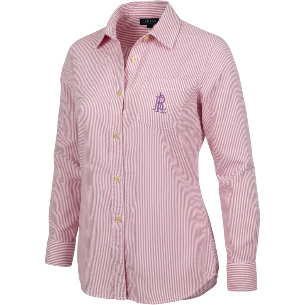 Lauren Ralph Lauren Shirt Womens Med Purple White Striped‎ monogram Cotton LRL
